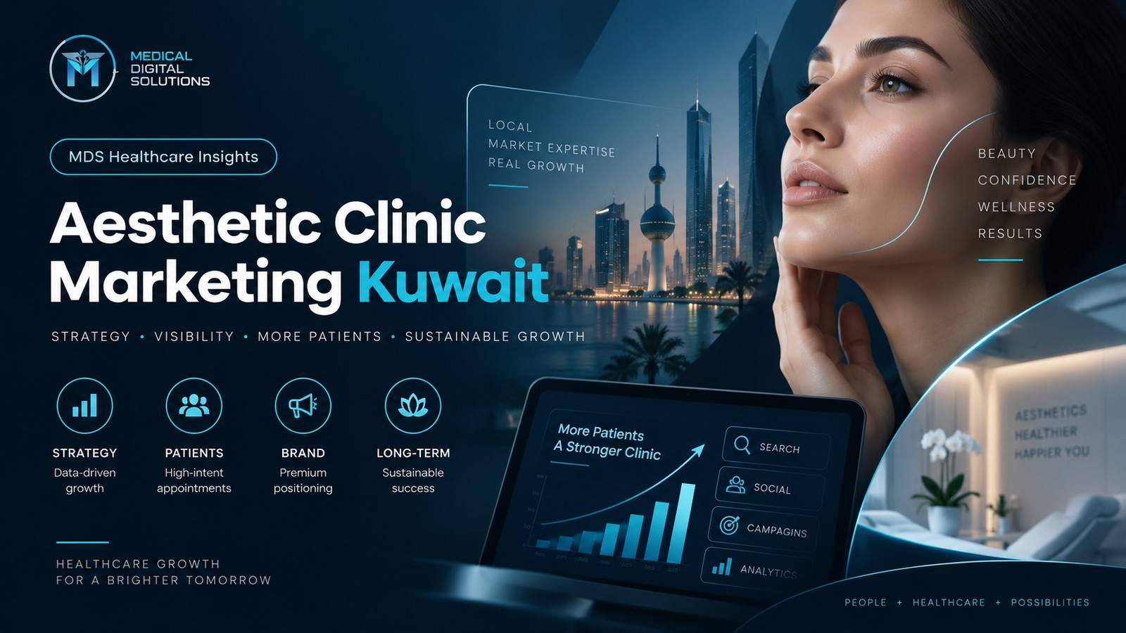 Aesthetic Clinic Marketing Saudi Arabia growth system connecting SEO, Google Maps, social media, paid ads, doctor authority, claims-safe content, WhatsApp, CRM and premium patient acquisition